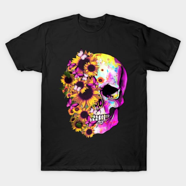 Tattoo skull floral sunflowers watercolor design T-Shirt by Collagedream